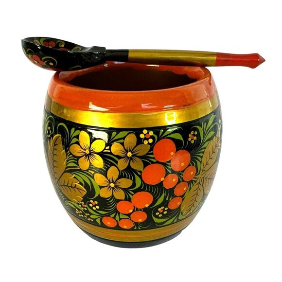 Russian Lacquerware Bowl & Spoon Khokhloma Folk Art Wild Beries Hand-Painted - Picture 7 of 7